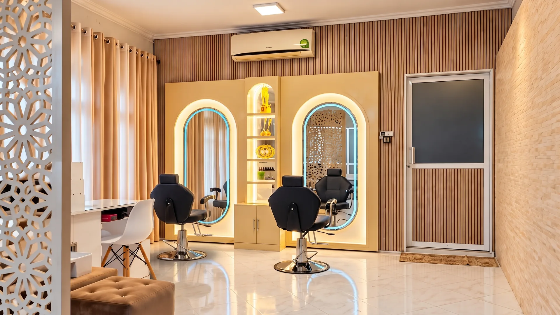 Kandyan Aesthetics Kandy styling suite with illuminated arched mirror stations